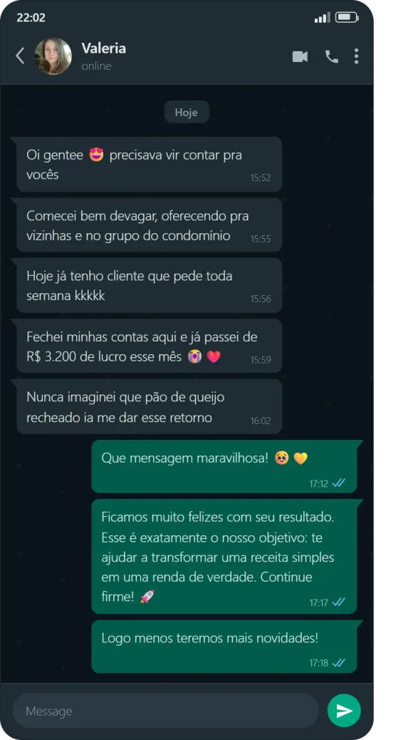Conversa de WhatsApp com Valeria, aluna do Método Forno Lucrativo.