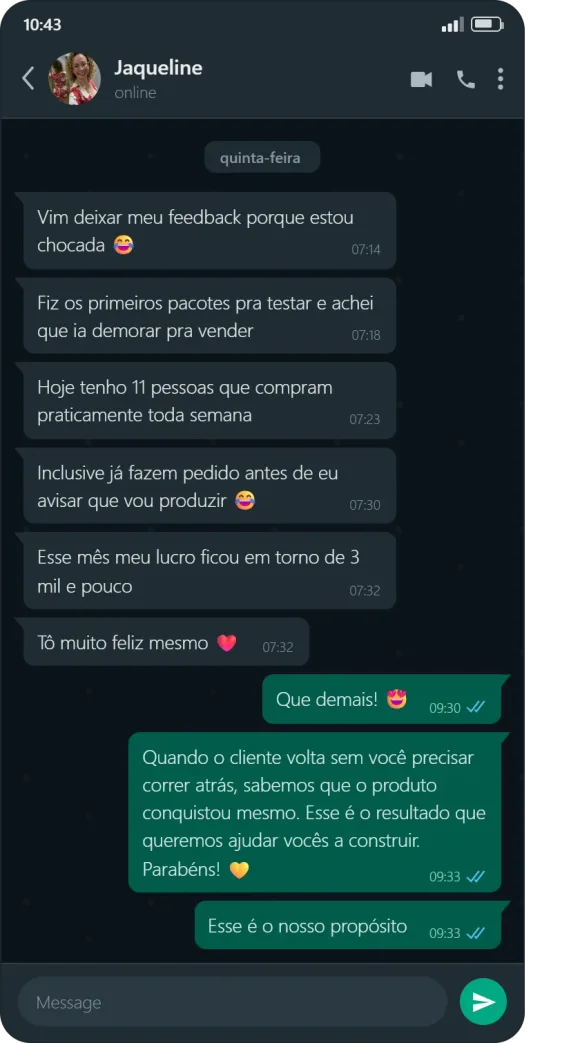 Conversa de WhatsApp com Jaqueline, aluna do Método Forno Lucrativo.