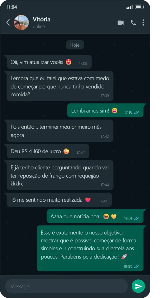 Conversa de WhatsApp com Vitória, aluna do Método Forno Lucrativo.