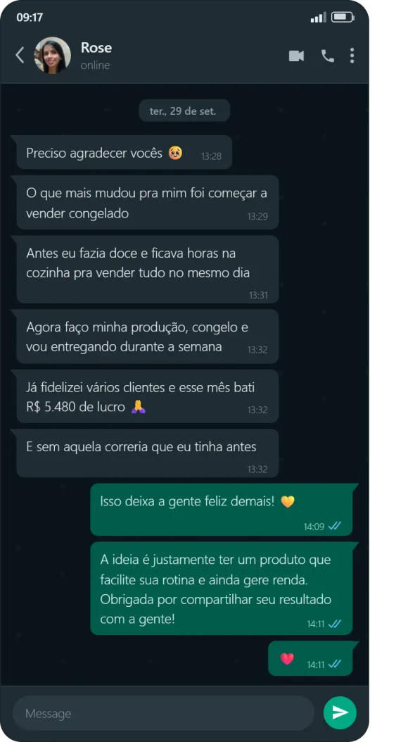 Conversa de WhatsApp com Rose, aluna do Método Forno Lucrativo.
