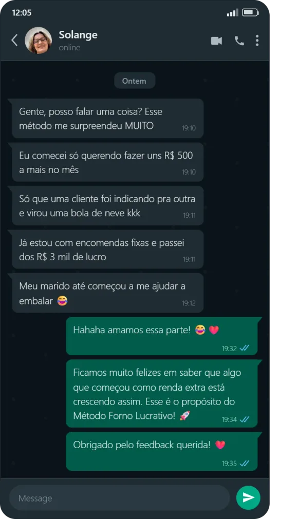 Conversa de WhatsApp com Solange, aluna do Método Forno Lucrativo.
