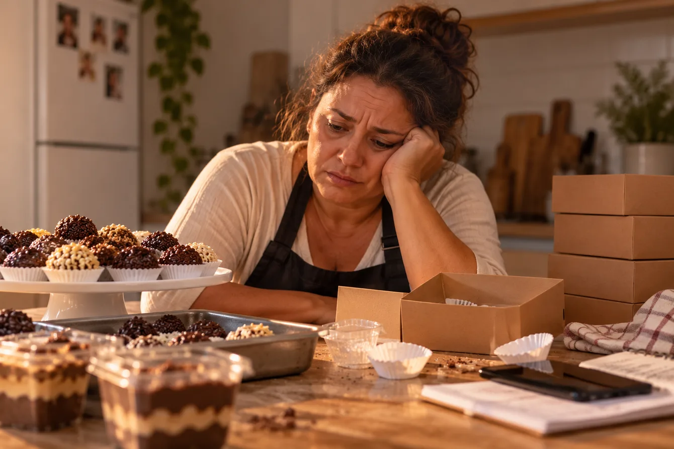 A bancada no fim do dia: brigadeiro e bolo de pote prontos, caixas vazias do lado e nenhuma encomenda.