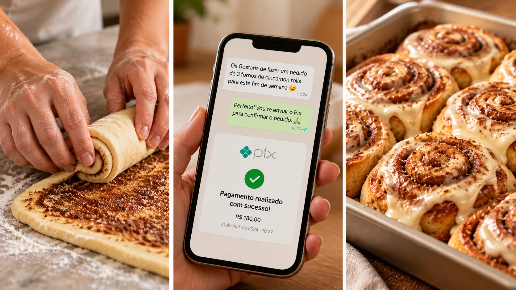 Os três momentos lado a lado: as mãos enrolando a massa, o celular com o pedido e o Pix, e a forma de rolinhos saindo do forno.
