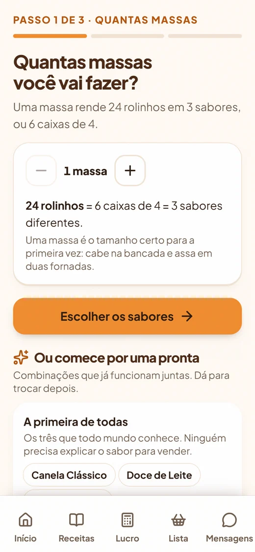 Tela Primeira fornada do app Rolinho Lucrativo.