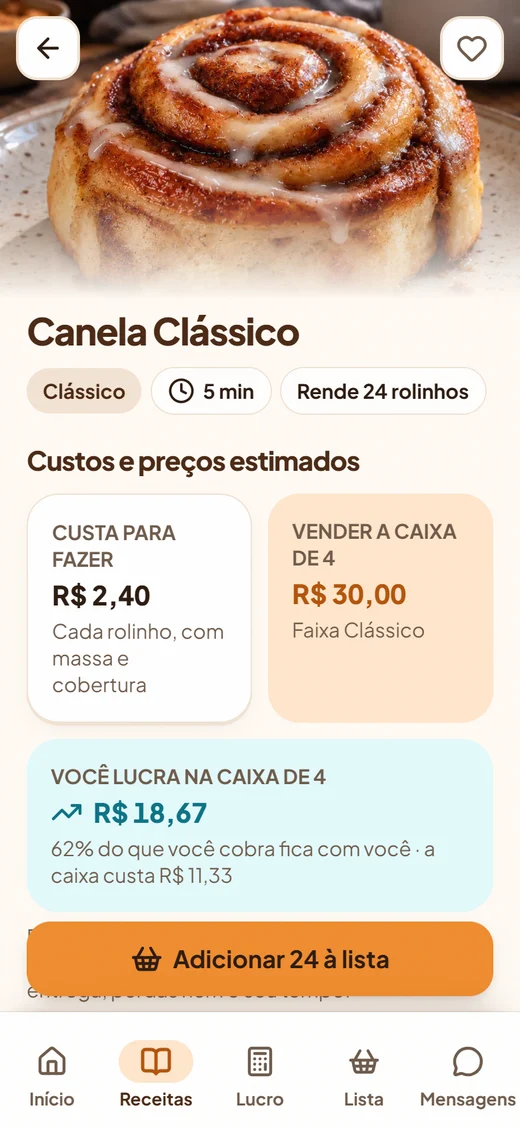 Tela A receita do app Rolinho Lucrativo.