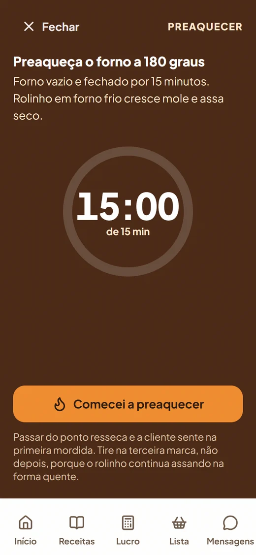 Tela Timer do forno do app Rolinho Lucrativo.