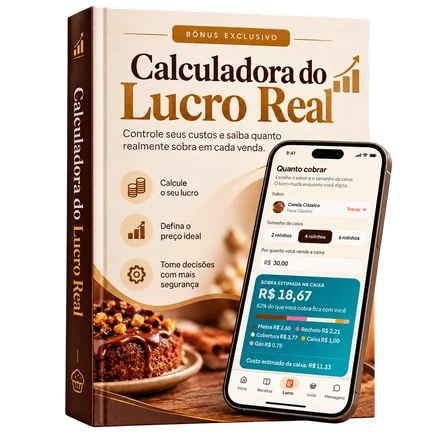 Capa do e-book "Calculadora do Lucro Real", com a tela do app ao lado.